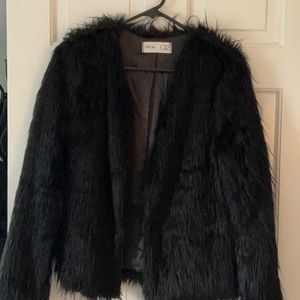 Black cropped faux, feathered jacket